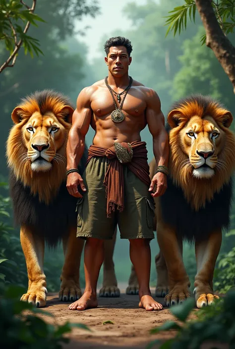 Burly muscled Indonesian man alongside giant lions walking together 