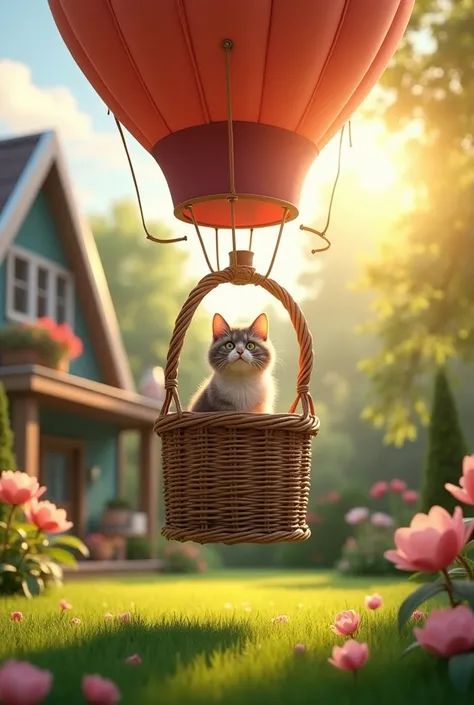 After what felt like forever, the balloon drifted lower and lower until—BUMP—the basket touched the ground in a cozy backyard.
Prompt: "A balloon-tied wicker basket gently lands in a sunny backyard filled with green grass and flowers. The cat inside looks ...