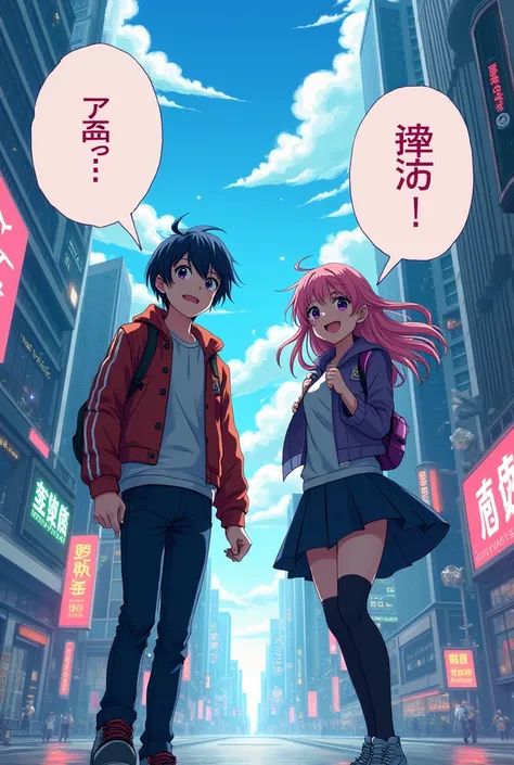 (Anime-style:1.3), confident male and female characters, excited and hyped expressions, standing together in a dynamic pose, futuristic cityscape in the background, speech bubbles with concise dialogue: "The wave of change is here!" "$SUITON is going to th...