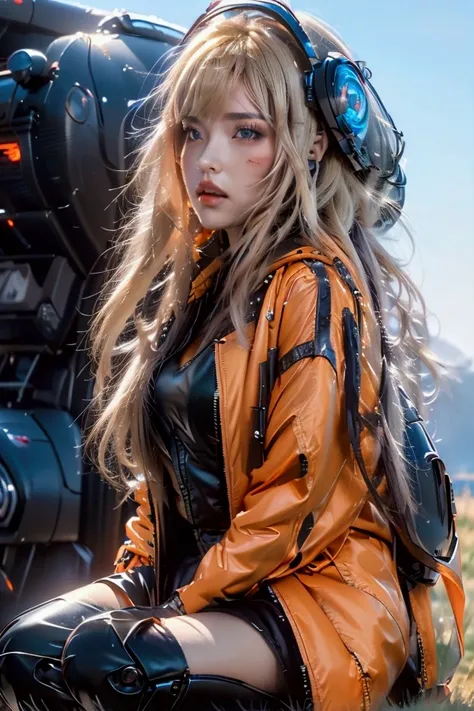 UHD 8K High Detail Photo This is a high-resolution photo showing A futuristic scene A young woman with long blonde hair sits atop a large, futuristic robotic vehicle. She wears an orange hooded jacket and black knee-high boots, while the robot features a b...