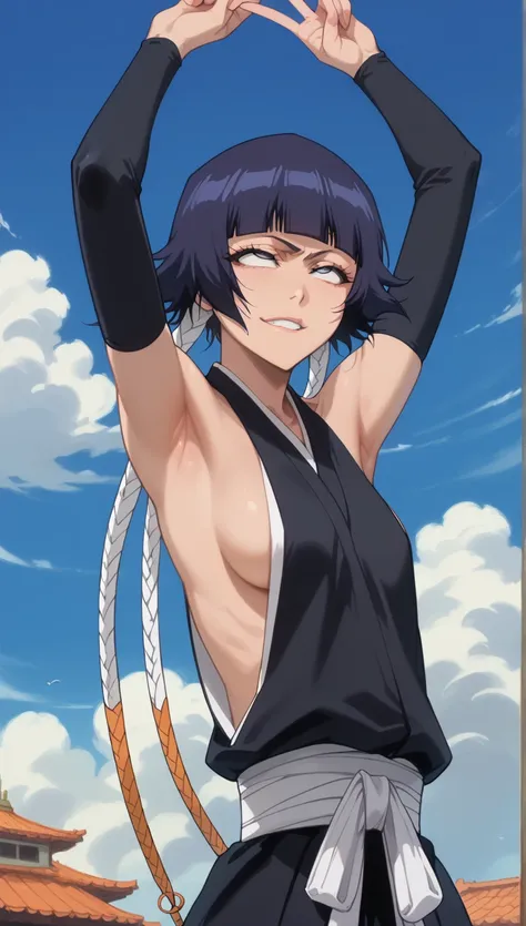 whole body、、     sweated、   、close-up、、、Soi Fon、 、Bleach、Bleach、Black Hair, 1girl, breasts, soifon, japanese clothes, sideboob, hip vent, detached sleeves, bare shoulders, small breasts, armpits, showing armpits, arms up,  seductive smile, seductive eyes,r...