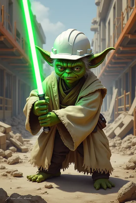 Realistic old master Yoda in bent combat position with his green sword and white helmet as a construction engineer about to attack the enemy