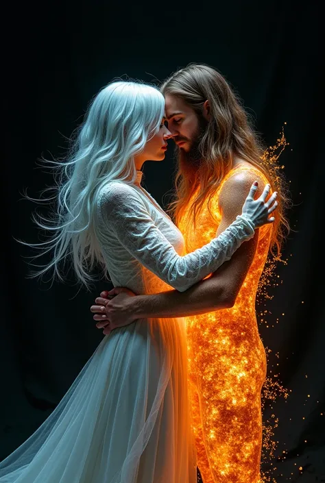  Woman with medium long hair and her black hair made entirely of water and is embracing a man with long hair without a beard on his face, her body is made of the element of fire  , She is located on the left and the one on the right in a totally black back...