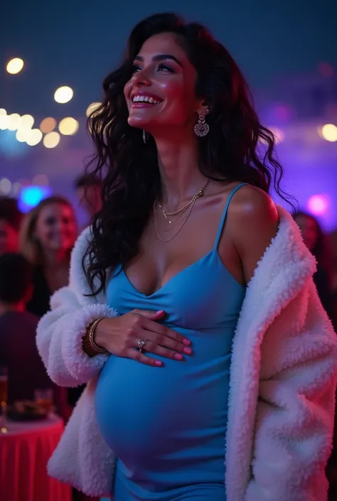  create an image of a young white woman with long wavy shiny black hair ,  shiny skin,  Blue Eyes, medium lips with gloss, eyebrows done, wearing light blue dress transverse straps  , fuffy white coat dropped on her shoulders two months pregnant  ,  dancin...