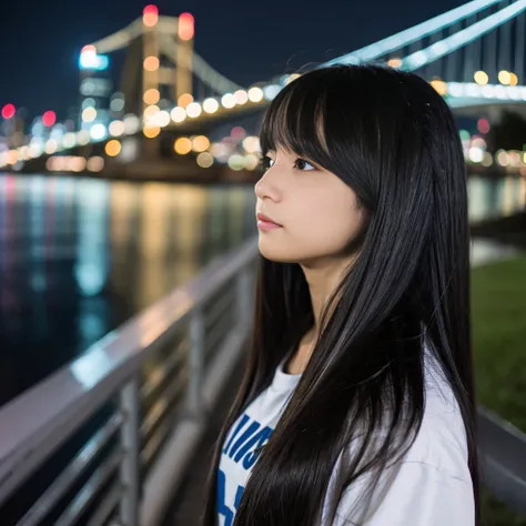 One girl,  teenager, Highest quality, 10th Generation,,8k, School asian girl, long Bob Black Hair,completely straight hair,  long fringes that cover almost her entire face,  her ears are covered by straight hair ,BlackT-shirts ,Beautiful night view,,beauti...