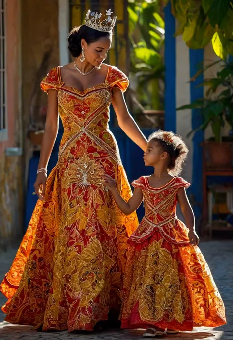 (Ultra 4k high quality  ), Of a beautiful ,young woman who is queen of Cuba  ,  dressed in a beautiful monarch dress   ,   who walks with her little daughter who wears a beautiful skirt and blouse