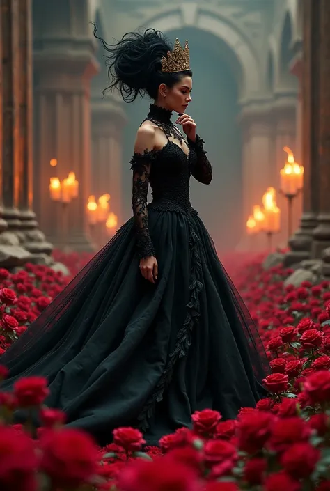  Beautiful woman very long black updo with gold crown, black wedding dresses. print and hood , rose field background , CORSET, trident in hand, dress made of red roses ,   walking through a square , candles, Fire , arm touching her hair , sitting on bones ...