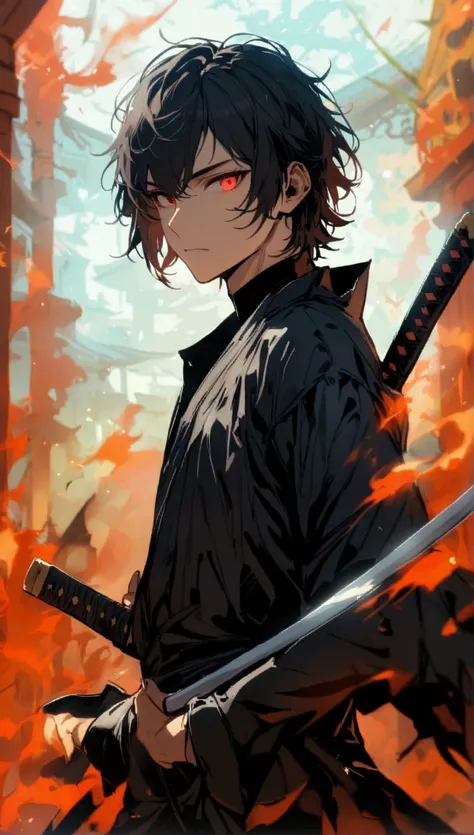 Masterpiece, detailed, Handsome, alone, male, Short hair, black hair, red eye, black shirt, black pants, Black coat, samurai pose, holding a katana in one hand