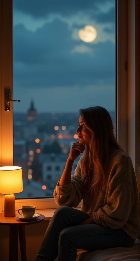 The image captures a romantic and introspective nighttime scene centered around a young woman sitting by a large window. She gazes thoughtfully out at a softly glowing urban cityscape, her serene expression radiating a quiet sense of longing and contentmen...