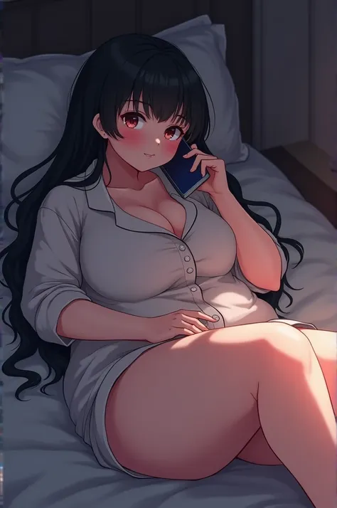 very chubby femcel anime girl in pajamas sweat stains laying in bed very curvy chubby cleavage thick thighs, pajamas shorts pajama shirt, in bed, dark, holding phone blushing 