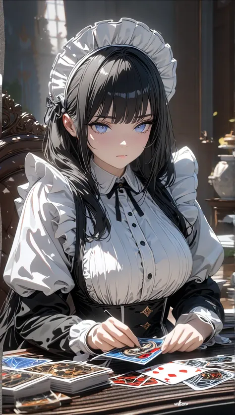 ((best quality)), ((masterpiece)), (detailed), perfect face, ((Best quality, 8k, Masterpiece: 1.3)), Sharp focus, Highly detailed face and skin texture, Detailed eyes, Maid apron, white brim, maid lady, black hair, hair over shoulder, playing Trading Card ...