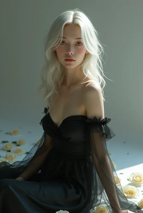  Beautiful girl with slightly wavy white hair.  wearing an elegant black dress,  pale skin , and she wears white roses scattered on the floor 