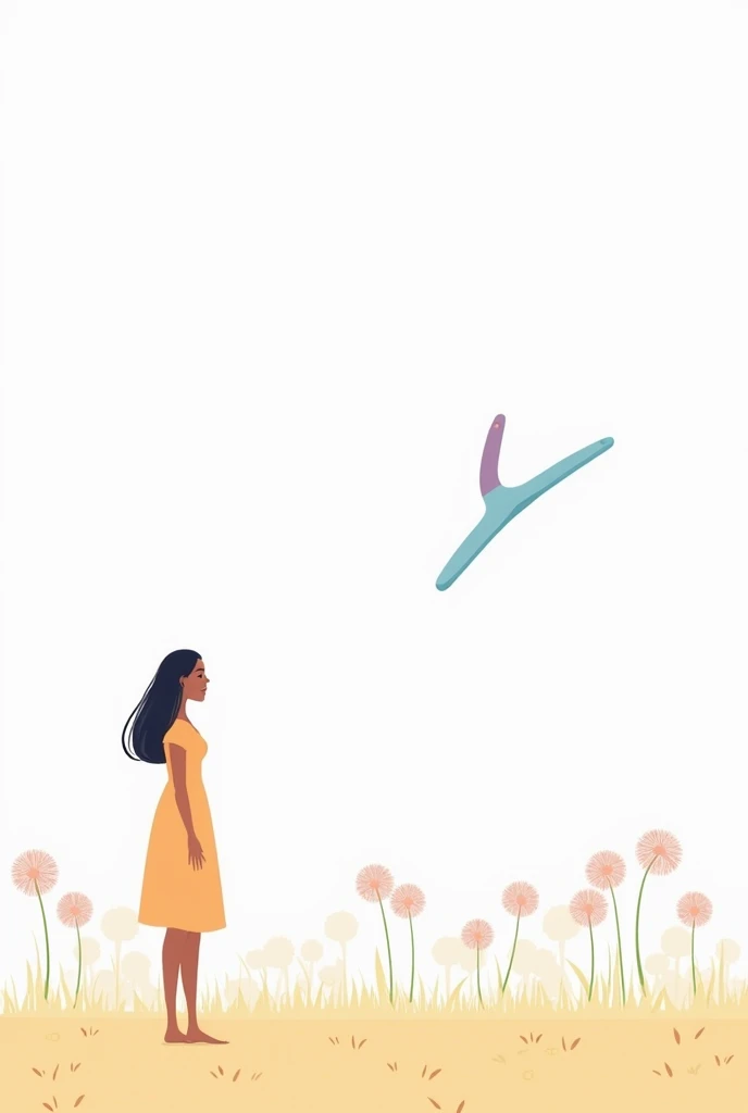  Minimalist illustration with soft pastel colors . A woman is standing on the left side of the image,  represented with simple and stylized lines ,  looking calmly towards a boomerang that floats In the air on the side Right of the scene.  The background s...