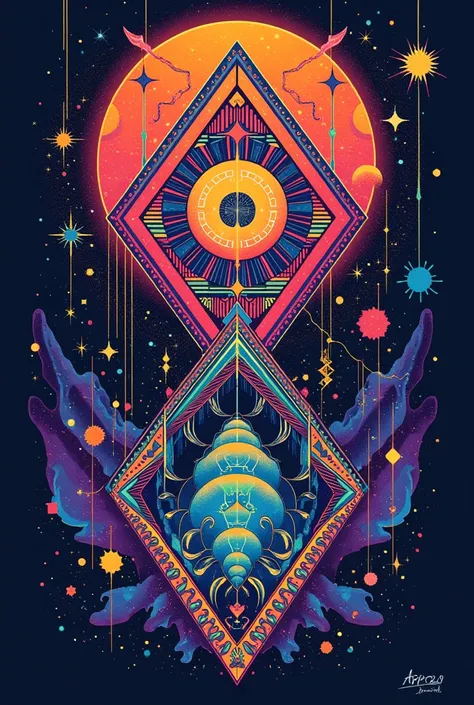 T-shirt composed of geometric patterns, science fantasy, dazzling psychedelic style design, illustrations, top quality images