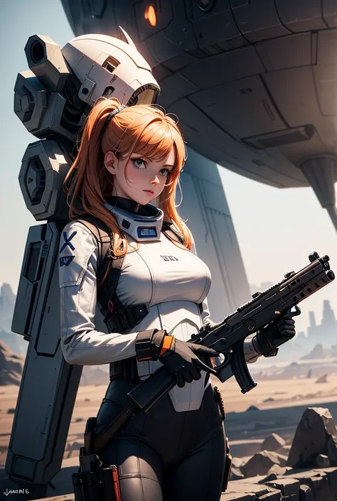  There is a woman holding a gun in front of a spaceship.,  hyperrealistic fantasy art , doom eternal,  woman Stormtrooper, planet in the sky in the background, Inspired by Jan Victors, In the foreground a boy with a shotgun , Orion,  grey orange , there (2...