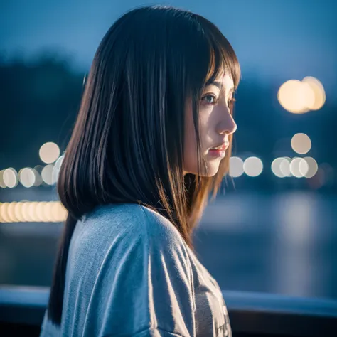 One girl,  teenager, Highest quality, 10th Generation,,8k, School asian girl, long Bob Black Hair,completely straight hair,  long fringes that cover almost her entire face,  her ears are covered by straight hair ,BlackT-shirts ,Beautiful night view,,beauti...