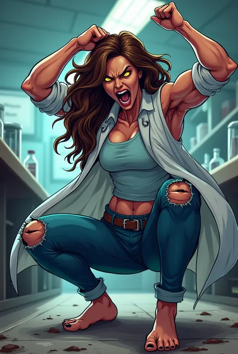 Dynamic pixelated comic style art image of a scientific wild and very muscular beast, Dr..  Jennifer Marie Evans ,  with long brown hair flowing wildly , Illuminated yellow eyes,  fair skin and black nails . He wears a torn lab coat on his forearms, which ...