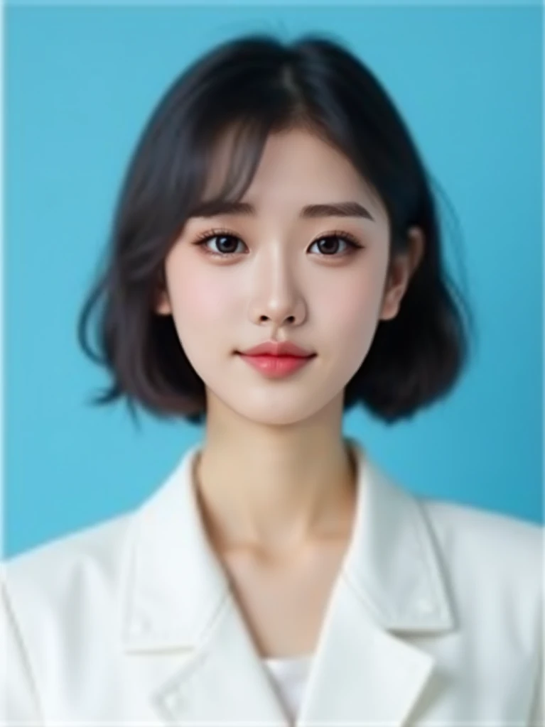 Make this girl take a picture that looks like an ID photo , so we can see her whole face very well，Eyes looking at the camera，Front view， blue background， A woman in a white suit poses for a photo， blue background一寸证件照， HD，Frontal shot，No shadow，One inch I...