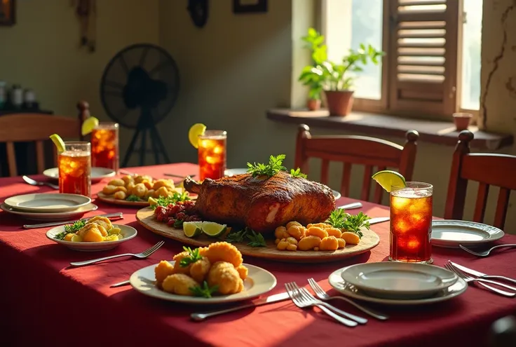 Create a hyper-realistic and high-quality image of a rustic Cuban dining table set for 8 people in a humble, slightly worn home. The centerpiece of the table is a pierna de cerdo asada (roasted pork leg), with a crispy golden-brown skin, perfectly seasoned...