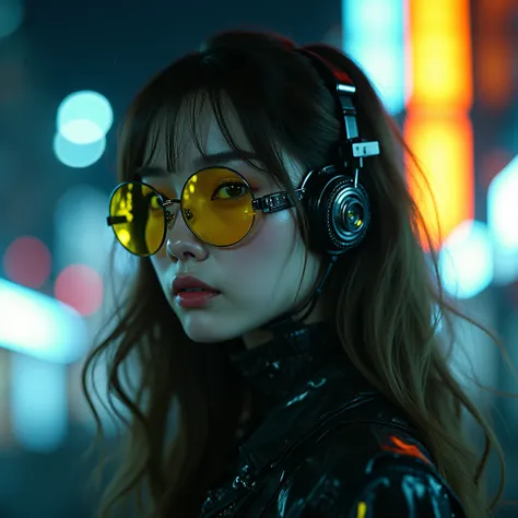 masterpiece of Dark Fantasy in cyber punk style, a beauty japanese idol look like actress 23years white skin, long brown highlights hair, wear round yellow lens glasses, Fusion Mix half cyborg, Spark and Bokeh Effects, in industrial cyberpunk city at night...