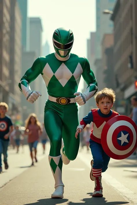 Green Power Ranger Mighty Morphin running with a boy disguised as Captain America