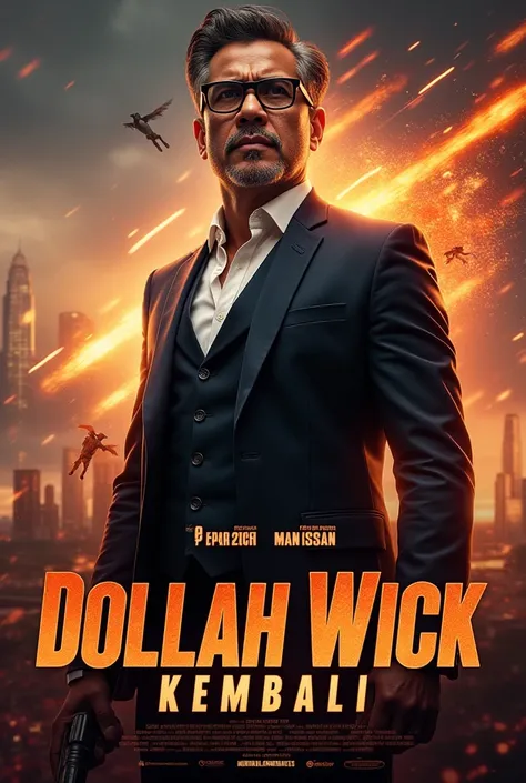 An action movie-style poster featuring a Malay man around 40 years old as the central figure. The man is dressed in sharp, semi-formal attire, wearing glasses, exuding confidence and determination, with a dynamic pose as if ready for a challenge. The backg...