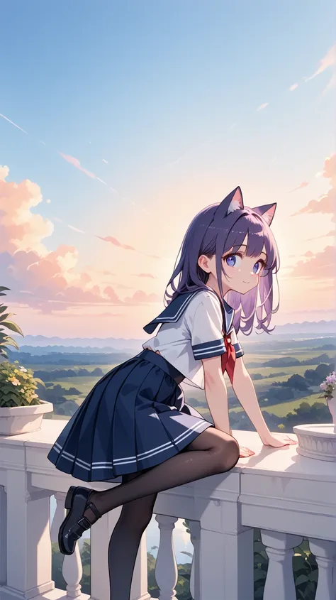  cute and well-behaved teenage cat lady， long purple hair， sailor suit，Dark blue jk skirt ， and look up at the sky，Full of love，Thick black pantyhose ， slim body ，Sitting in the prairie sunset， Sunny ，Sunset，Ambient light，On the balcony，Focus on the face