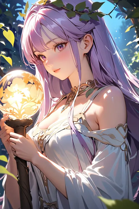 1 girl, (inspired face), young adult, long flowing hair, (wearing a druids outfit adorned with leaves and vines), medium breasts, slender, (holding a wooden staff with a glowing orb),  
BREAK  
flower petal-strewn path, surrounded by magical flora, (gazing...