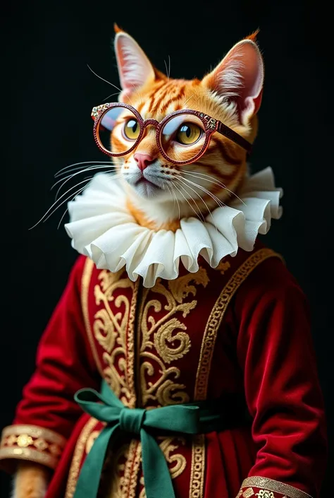 The model is wearing glass suThis richly detailed photograph shows a short-haired orange cat dressed in a gorgeous 17th-century style velvet and lace costume. The cat has large, expressive eyes and erect ears, and wears a white ruffled collar decorated wit...