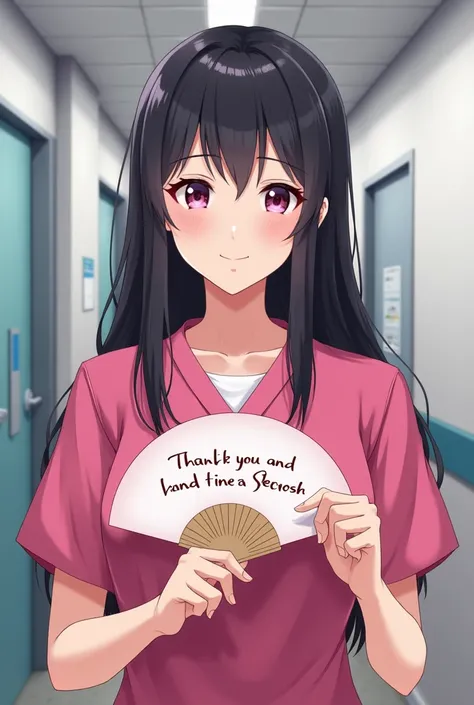 nurse long black hair wearing a pink scrub with a fan sign saying thanks for the watch