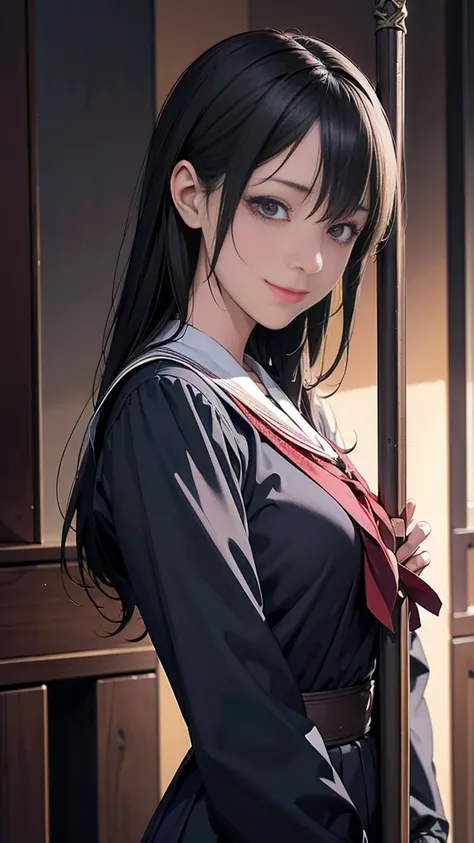 Young woman, Kurimoto Maki, member of occult club, mysterious, black magic, long hair, dark-colored hair, unique personality, eerie atmosphere, magical props (e.g., magic wand, scrolls), mysterious gaze, smile with a touch of mischief, high school uniform,...