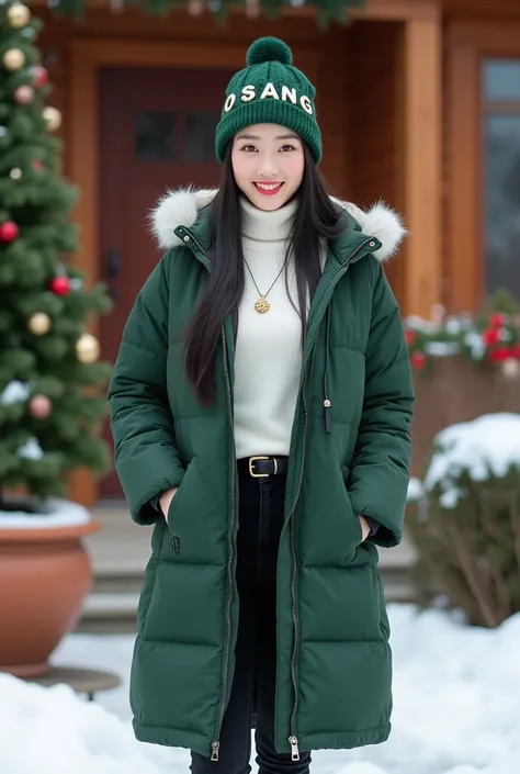 A full image of beautiful Asian 26x24x38 body size 130kgs woman, white soft skin, smiled, long black straight hair whole ponytail on top, wearing white  fitted turtleneck shirt and black denim fitted pants inside of long green winter long coat with white f...