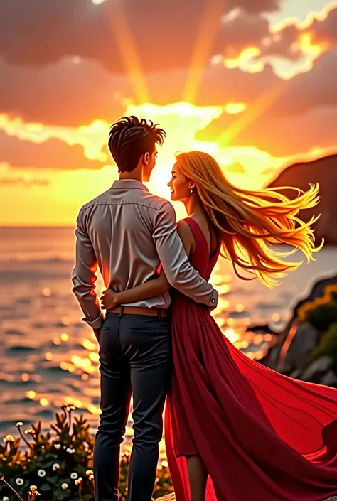 Black hair with black hair sitting in white shirt black pants man with yellow straight hair woman in red dress hugging and watching the sea together close up close-up sunset realistic view cinematic view 8k ultra HDR 