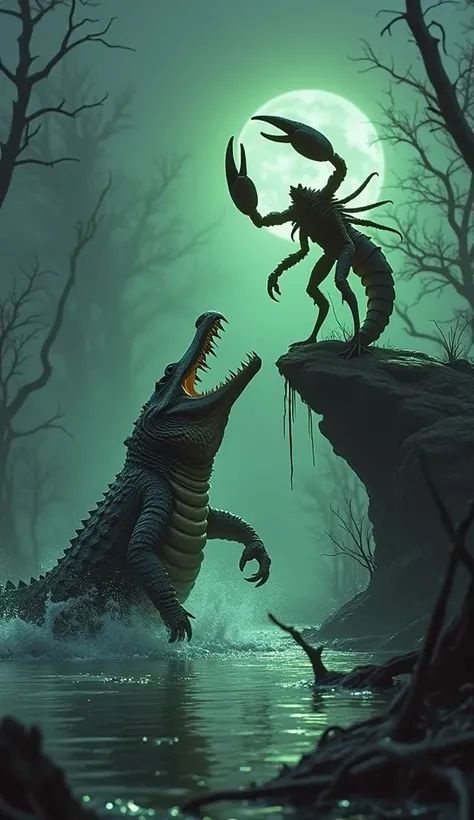 "An intense showdown between a ferocious crocodile and a giant, menacing scorpion in a hostile, swampy environment. The crocodile is partially submerged, its massive jaws open wide, revealing rows of razor-sharp teeth, while its tail thrashes the water wit...