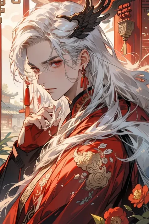 A man, only one person, Male, long white hair, red eyes, fair skin, ancient Chinese, a detailed face, beautiful eyes, flower, red Earrings