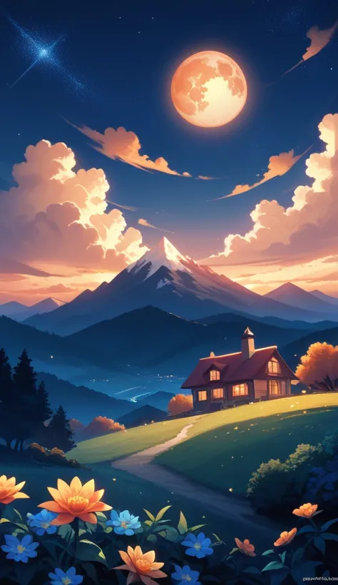 anime style night scene.there is house on the mountain.spectacular night sky.there filled with clouds in orange and deep blue tones, creating a dotted pattern against the dark blue background. In the distance, there is a dramatic sunset that paints the sky...