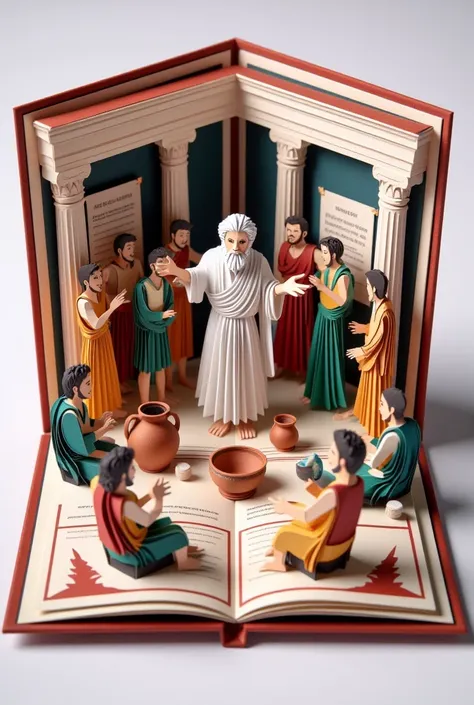 "An origami-style illustration showing an ancient Greek philosopher like Socrates teaching a group of students, with symbols of culture, habits, and values (books, scrolls, pottery)."

