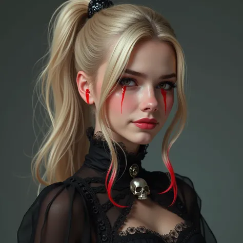 create a woman,  with her blonde ponytails with red highlights on the tips and gothic clothing with skull details, Her smile oscillates between sweetness and malice , She appears to be 22 years old 