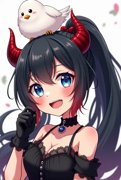 Super deformed,Upper Body,(black hair,red inner hair:1.2),smile,blush,grin,Happiness,,(masterpiece), (best quality), (extremely detailed), anime,1 woman,Devil,devils horns,solo,a pretty woman, (longhair), blue eyes,ponytail, Black gosic Dress,black gloves,...