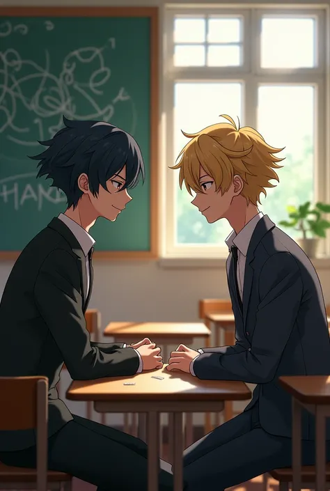 Two ren in a classroom facing each other