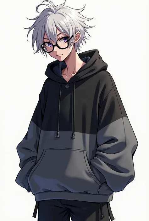 A guy with white messy hair an black thin glasses an light purple eyes an a big black an grey hoodie with big long sleeve with comfy shorts 
