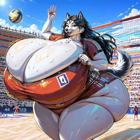 score_9, score_8_up, score_7_up, score_6_up, score_5_up, score_4_up, (detailed face and eyes:1.25), (1 female Siberian husky anthro:1.75), long hair, black hair, (realistic:1.25), (fluffy, beautiful, cool:1.25), tall, (at volleyball court, indoor arena, cr...