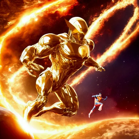 Super Man and a alien gold schemed robot are fighting furiously as they fall toward earth from orbit, they are surrounded in a corona of flame as they hurtle to Earth, view is above their fight looking down at their fight and the earth they are crashing to...