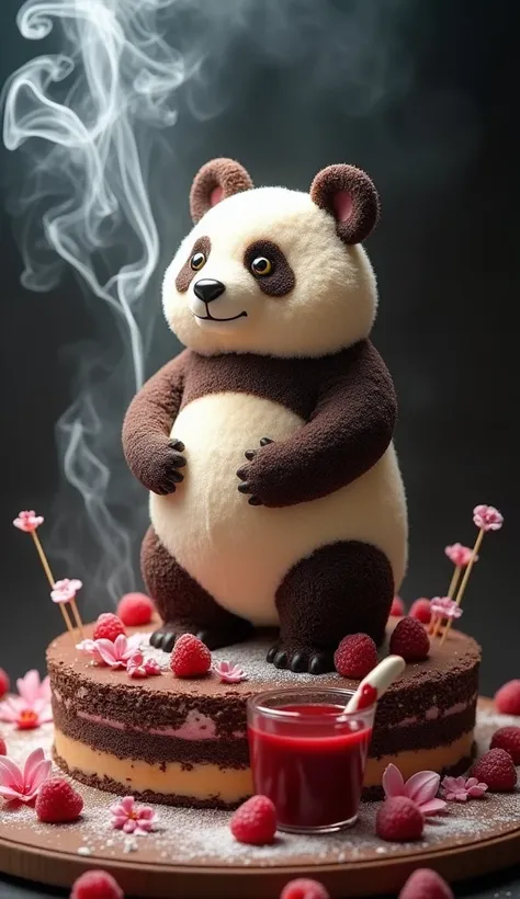  create a delicious ice cream effect ，Flowing like a waterfall  ，,  a waterfall of cigarette smoke and a delicious ice cream effect in the shape of a cute giant panda，Exquisite外观，Is it possible  ， Exquisite，Elegant， Classy， delicious flowers and red wine w...