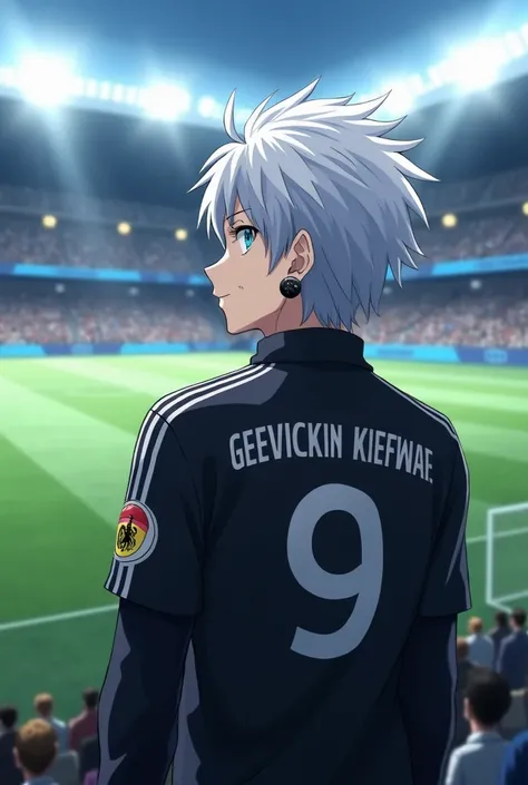 In the style of the anime INAZUMA ELEVEN: a soccer player with a cold and mysterious look, with white hair and bluish gray eyes , black earrings, watching a football game from the stands and,  the player wears a black tracksuit with the German logo and the...