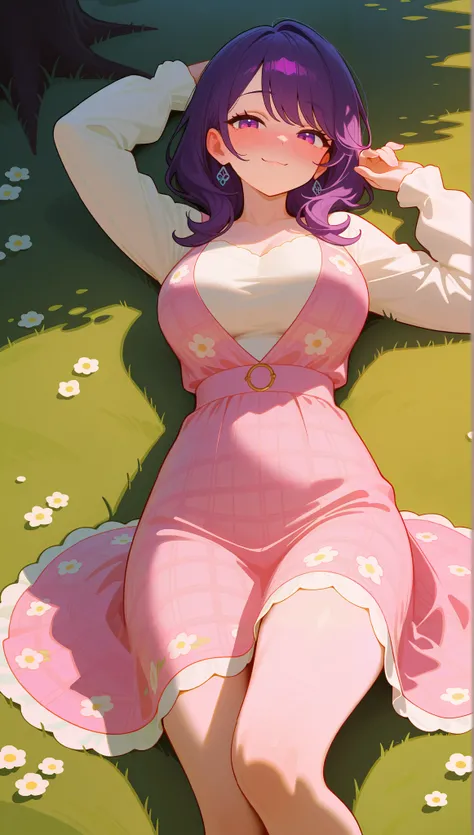 beautiful and breathtaking mature woman, medium breasts, Purple hair, (((plaid&patchwork dress with floral print) ((masterpiece, best quality; 1.3) ), ultra detailed, 8k, colorful, cinematic shadow, extremely detailed and beautiful background, smile mischi...