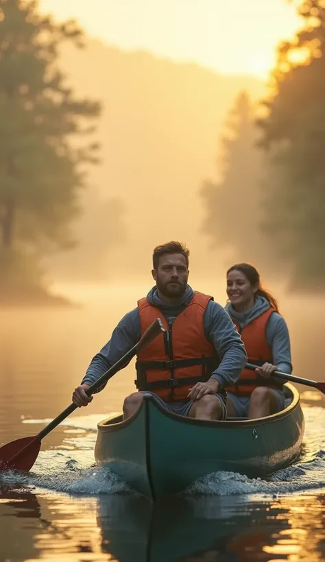 A man and woman canoeing, they wear sportswear with protective vests, set on a river, with light fog, warm lighting creates an adventurous scene