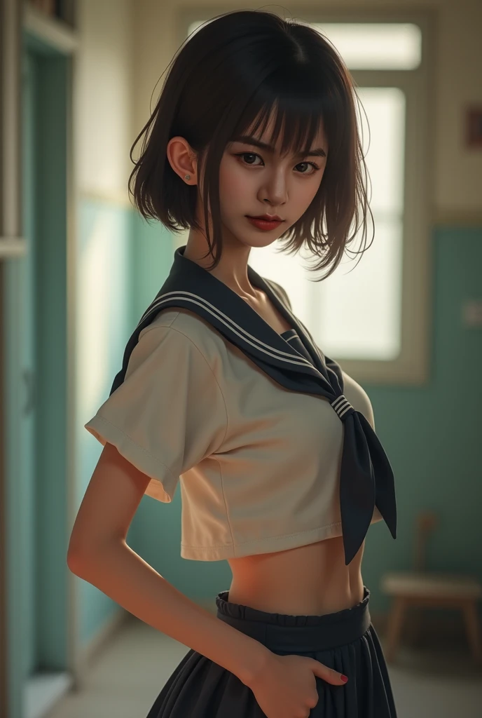 (full body), 1girl, (petite body), 1girl, (erotic_, (masterpiece)), pretty young face Japanese) (Thai), (nude), adept art, short hair, school girl, very best quality detailed eyes:1.5, (8k HD graphic, (soft and chill light), best quality detailed ultra hig...