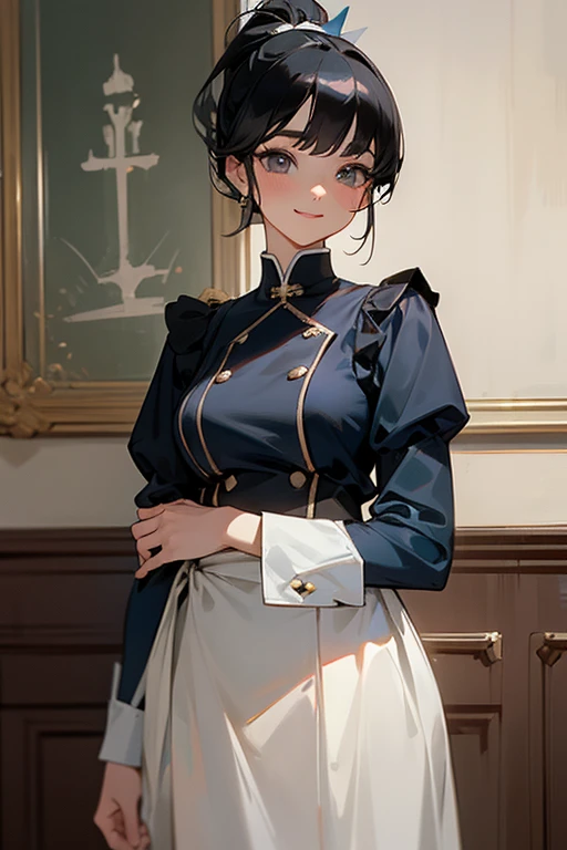 ( highest resolution,  clear _image)  top quality, Single,  one woman, Alone, masterpiece,  very detailed bust,  semi-realistic ,  black hairのショートヘア,  black hair, bangs, 18 years old,  mature, light blue uniform, uniform, indoor background, kind, Dignified...