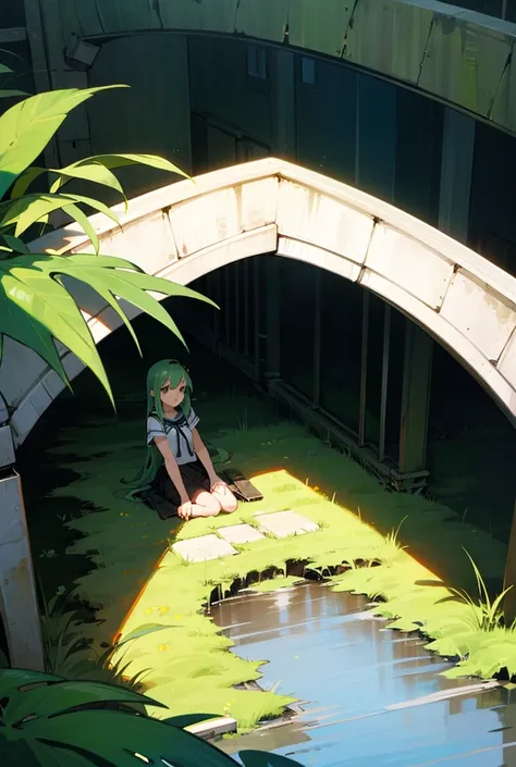 Anime girl sitting under a bridge in a green spot